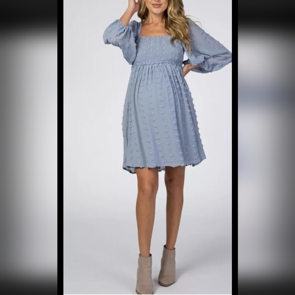 Listicle Textured Dot Smocked Square Neck Chiffon Maternity Dress. Size Small. N - Picture 1 of 8